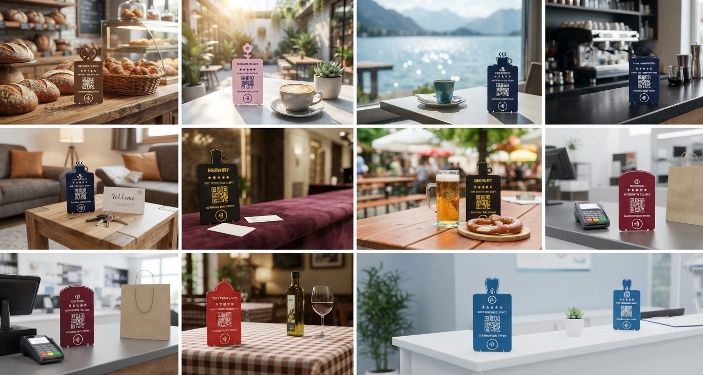 Bewertungsaufsteller in verschiedenen Branchen: Bäckerei, Café, Hotel, Ferienwohnung, Biergarten, Laden, Restaurant und Zahnarztpraxis