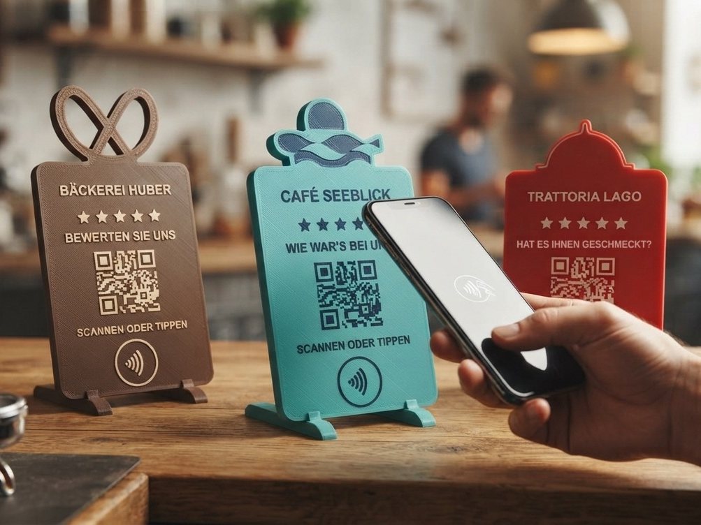 Bewertungsaufsteller in Brezel-, Tassen- und Servierglocken-Form auf einer Café-Theke, ein Gast hält sein Handy an den NFC-Chip